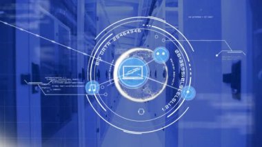Animation of network of connection with icons over server room. global connections, business, digital interface, technology and networking concept digitally generated video.