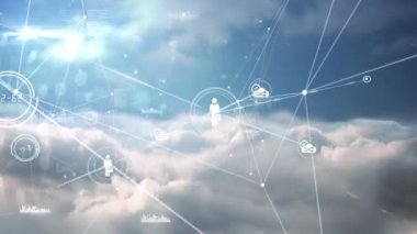 Animation of networks of connections with icons over sky with clouds. global connections, digital interface and technology concept digitally generated video.
