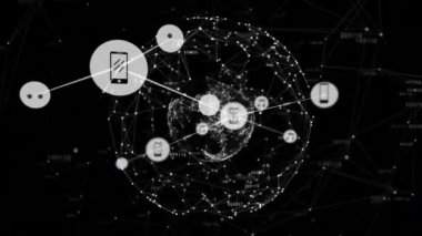 Siyah arkaplandaki dünya üzerindeki simgelerle bağlantı ağlarının animasyonu. küresel bağlantılar, dijital arayüz ve teknoloji konsepti dijital olarak oluşturulmuş video.