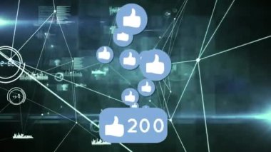 Animation of social media icons with number growing over networks of connections. 