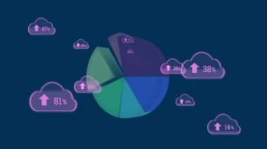 Animation of clouds with numbers over graphs on blue background. global connections, data, cloud computing, finance and technology concept digitally generated video.