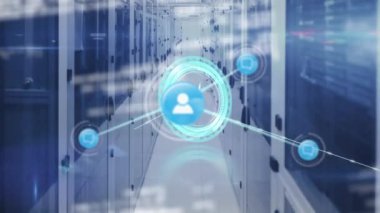 Animation of clock and network of connection with icons over server room. global connections, business, digital interface, technology and networking concept digitally generated video.