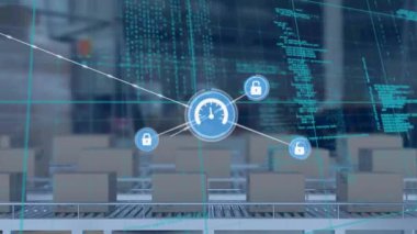 Animation of networks of connections and icons over boxes on conveyor belts and data processing. global shipping, delivery and connections concept digitally generated video.