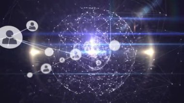 Siyah arkaplandaki dünya üzerindeki simgelerle bağlantı ağlarının animasyonu. küresel bağlantılar, dijital arayüz ve teknoloji konsepti dijital olarak oluşturulmuş video.