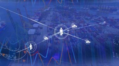 Network of digital icons and stock market data processing against aerial view of the port. global networking and logistics business concept