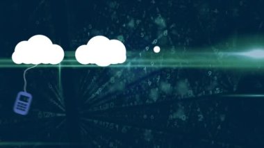 Karanlık arka planda bulut simgeleri ve veri işleme animasyonları. küresel teknoloji, bulut hesaplama, dijital arayüz ve bağlantılar konsepti dijital olarak oluşturulmuş video.