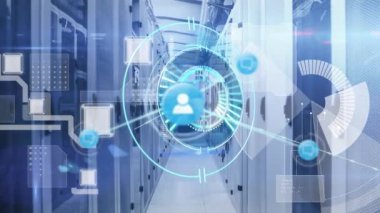 Animation of network of connection with icons over server room. global connections, business, digital interface, technology and networking concept digitally generated video.