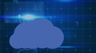 Karanlık arka planda bulut simgeleri ve veri işleme animasyonları. küresel teknoloji, bulut hesaplama, dijital arayüz ve bağlantılar konsepti dijital olarak oluşturulmuş video.