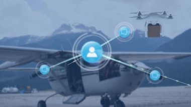 Network of digital icons and drone carrying a delivery box against plane parked in an airport. global networking and logistics business concept