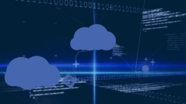 Karanlık arka planda bulut simgeleri ve veri işleme animasyonları. küresel teknoloji, bulut hesaplama, dijital arayüz ve bağlantılar konsepti dijital olarak oluşturulmuş video.
