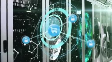 Animation of network of connection with icons and clock over server room. global connections, business, digital interface, technology and networking concept digitally generated video.