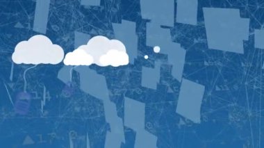 Animation of clouds with technology icons over graphs and data on blue background. 