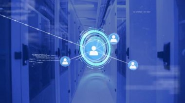 Animation of network of connection with icons over server room. global connections, business, digital interface, technology and networking concept digitally generated video.