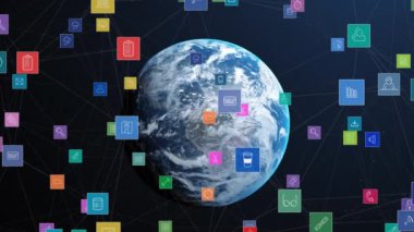 Animation of social media icons over globe and networks of connections. global social media, connections, communication and technology concept digitally generated video.