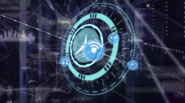 Animation of network of connection with icons and clock over server room. global connections, business, digital interface, technology and networking concept digitally generated video.