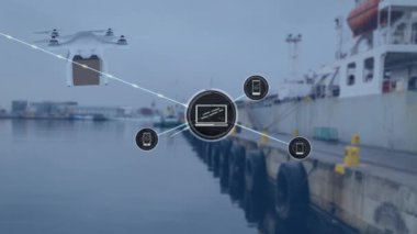 Network of digital icons and drone carrying a delivery box against port. global networking and logistics business concept