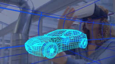 VR kulaklık kullanan bir kadının üzerine dijital 3D araba çizimi animasyonu. küresel mühendislik, araba tasarımı, bağlantılar ve dijital arayüz konsepti dijital olarak oluşturulmuş video.