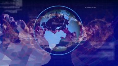 Animation of digital brain over globe and data processing on blue background. global connections, digital interface and technology concept digitally generated video.