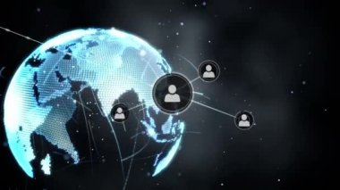 Siyah arkaplandaki dünya üzerindeki simgelerle bağlantı ağlarının animasyonu. küresel bağlantılar, dijital arayüz ve teknoloji konsepti dijital olarak oluşturulmuş video.