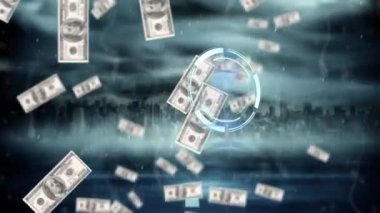 Animation of scope scanning and dollar bills falling over cityscape. global finance, business and digital interface concept digitally generated video.