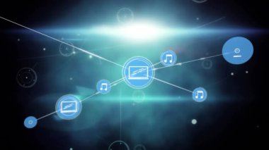 Siyah arkaplandaki simgelerle bağlantı ağlarının animasyonu. küresel bağlantılar, dijital arayüz ve teknoloji konsepti dijital olarak oluşturulmuş video.