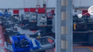 Network of digital icons and delivery boxes in conveyer belt against factory. global networking and logistics business concept