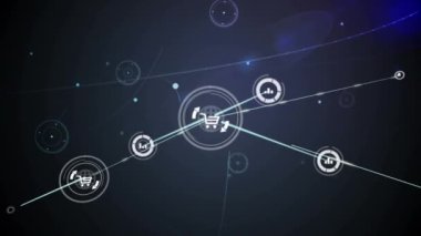 Siyah arkaplandaki simgelerle bağlantı ağlarının animasyonu. küresel bağlantılar, dijital arayüz ve teknoloji konsepti dijital olarak oluşturulmuş video.