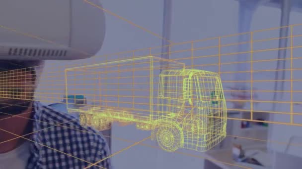 用Vr耳机对数字3D人车图进行动画制作 全球工程 汽车设计 连接和数字视频接口概念 — 图库视频影像