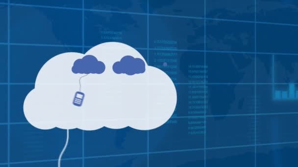 Animación Nubes Con Iconos Tecnológicos Sobre Gráficos Datos Sobre Fondo — Vídeo de stock