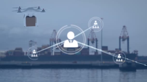 Network Profile Icons Drone Carrying Delivery Box Port Global Networking — Video Stock