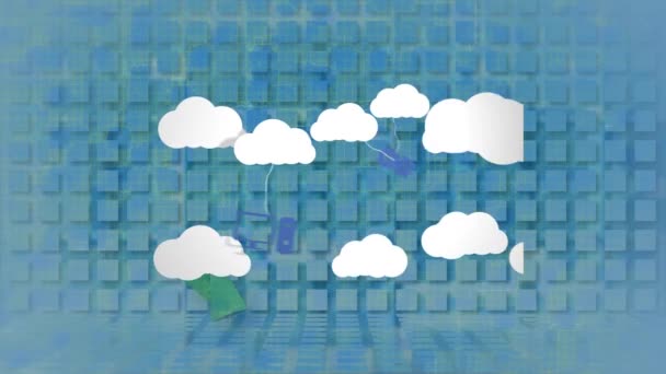 Animación Nubes Con Iconos Tecnología Sobre Flecha Gráfico Sobre Fondo — Vídeos de Stock