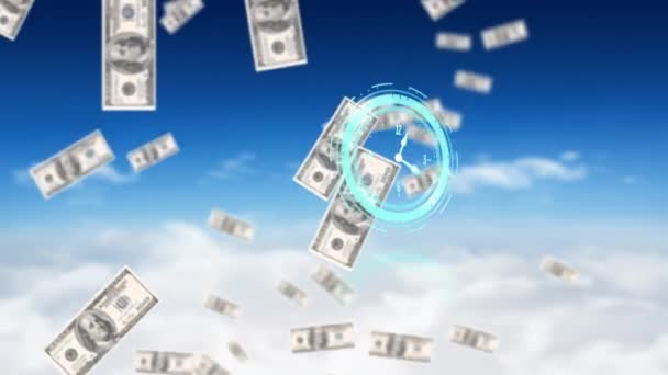 Animation Moving Clock Dollar Bills Falling Sky Clouds Global Finance — Vídeo de Stock