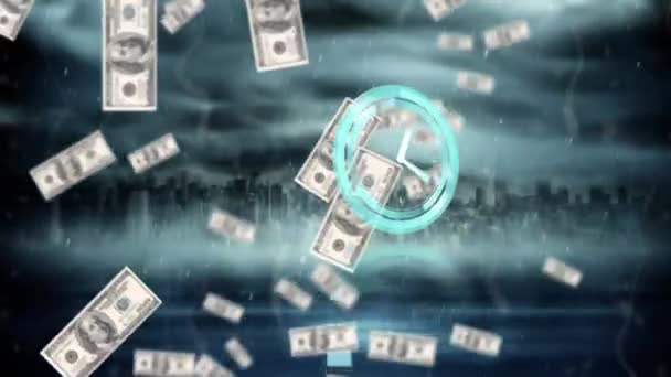 Animation Moving Clock Dollar Bills Falling Cityscape Global Finance Business — Stok video