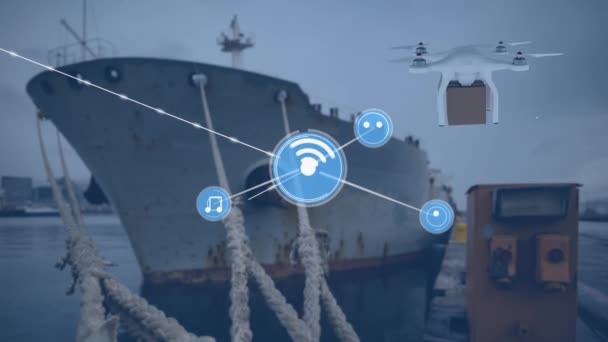 Animation Networks Connections Digital Drone Icons Port Global Shipping Delivery — ストック動画