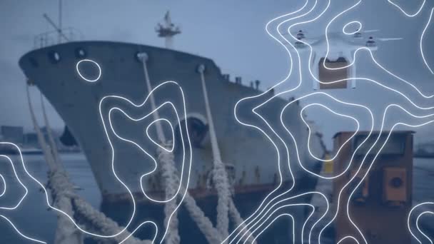 Topographie und Drohne mit einer Lieferbox gegen ein Schiff im Meer. globales Geschäftskonzept für Vernetzung und Logistik
