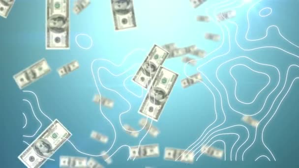 Animation White Lines Dollar Bills Falling Blue Background Global Finance — Stock Video