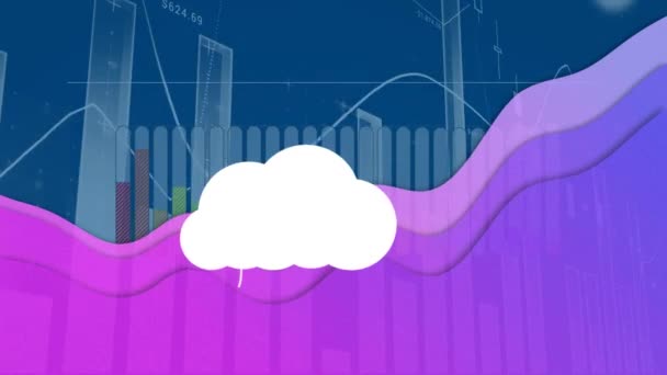 Animation Clouds Technology Icons Graphs Data Blue Pink Background — Stockvideo