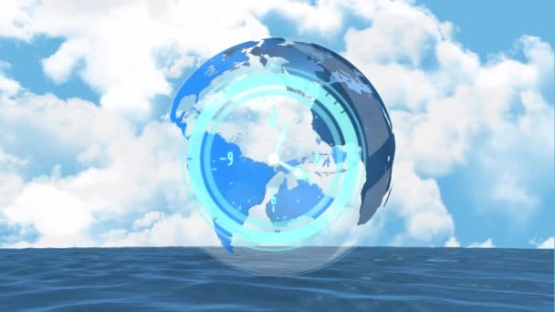 Animation Horloge Mouvement Globe Terrestre Dessus Ciel Avec Nuages Mer — Video