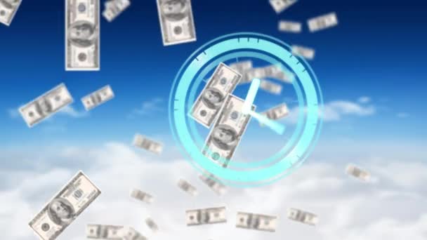 Animation Moving Clock Dollar Bills Falling Sky Clouds Global Finance — Vídeo de Stock
