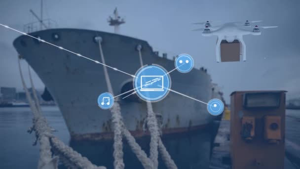 Rede Ícones Digitais Drone Carregando Uma Caixa Entrega Contra Navio — Vídeo de Stock