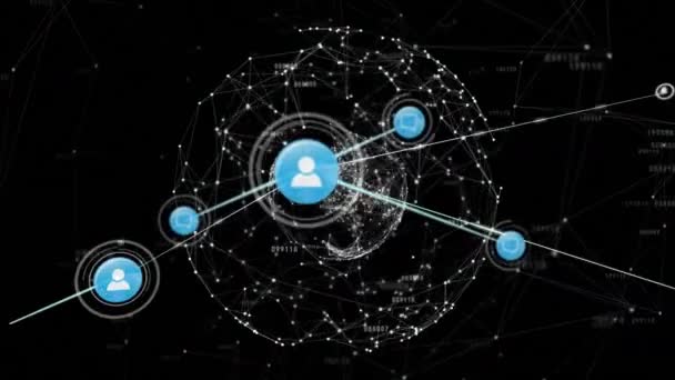 Animation Networks Connections Icons Globe Black Background Global Connections Digital — Αρχείο Βίντεο
