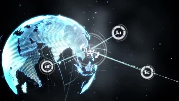 Animacja Sieci Połączeń Ikonami Globie Czarnym Tle Globalne Połączenia Interfejs — Wideo stockowe