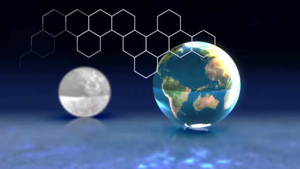 Animation Hexagons Moon Globe Sun Black Background Global Connections Digital — Vídeos de Stock