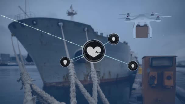 Network Digital Icons Drone Carrying Delivery Box Ship Sea Global — Αρχείο Βίντεο