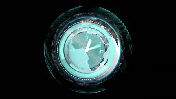 Animazione Orologio Movimento Globo Sfondo Nero Connessioni Globali Interfaccia Digitale — Video Stock