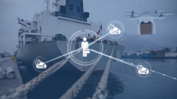 Rede Ícones Digitais Drone Carregando Uma Caixa Entrega Contra Navio — Vídeo de Stock