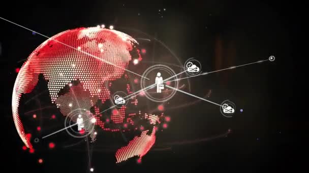 在黑色背景上与全球图标连接的网络动画 全球连接 数字接口和数字视频技术概念 — 图库视频影像
