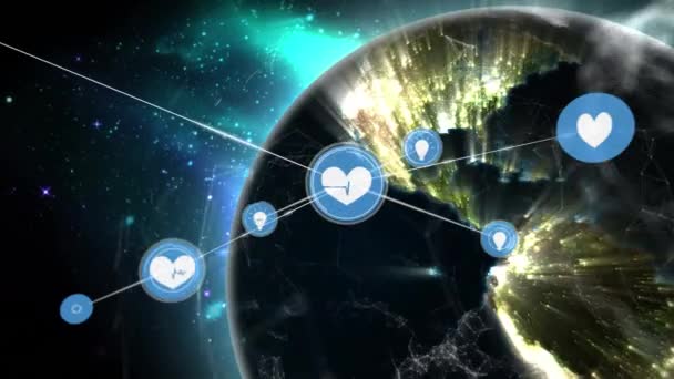 Animacja Sieci Połączeń Ikonami Globie Czarnym Tle Globalne Połączenia Interfejs — Wideo stockowe