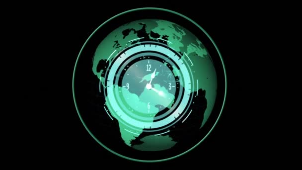 Animation Moving Clock Globe Black Background Global Connections Digital Interface — Stock Video