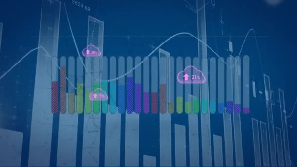 Animáció Felhők Számok Grafikonok Adatok Kék Háttér Globális Kapcsolatok Számítási — Stock videók